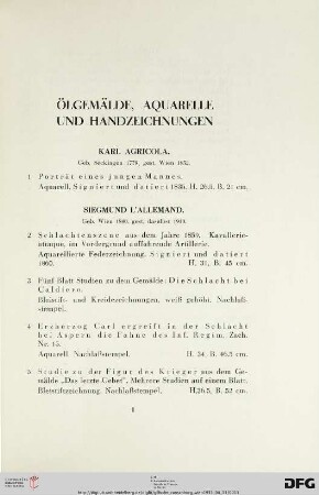 Ölgemälde, Aquarelle und Handzeichnungen (Nr. 1-143)