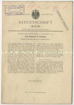 Patentschrift eines hohlen Mittelzapfens für Pferdegöpel, Patent-Nr. 21130