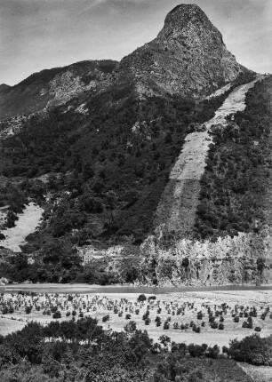 Berglandschaft und Flusstal : Blick auf den Oued Agrioun nördlich Oulad bou Zil. Im Flusstal befinden sich vereinzelte Lorbeerbüsche. Am Berghang ist eine Schneise mit Weizenfeldern zwischen Macchiebewachsung und Eichen zu erkennen.