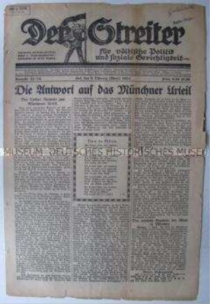 Völkisch-nationalistische Wochenzeitung (?) "Der Streiter" u.a. zu den Ergebnissen der Landtagswahl in Bayern