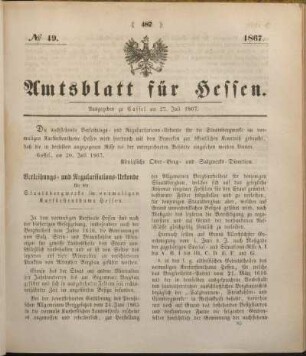 № 49. Ausgegeben zu Cassel am 27. Juli 1867.