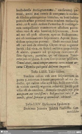 Testis LXIV. Dysenteriae Epidemiae