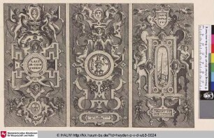 [Drei Kartuschen mit Rebus, Monogramm und Motto des Verlegerpaares Hieronymus Cock und Volcxken Diericx; Three Cartouches with Rebus, Monogram and Mottoes of Hieronymus Cock and Volcxken Diericx]