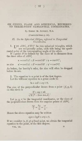 On conics, plane and spherical, referred to three-point tangential coordinates.