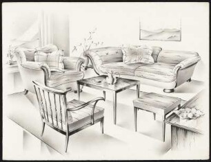 Sitzecke. Ein Sofa, Zweisitzer, ein Sessel, ein Armlehnstuhl, ein Hocker, viereckiger Tisch, niedriger Blumentisch, Deko