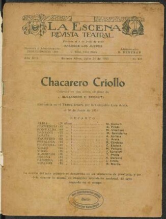 Chacarero criollo : comedia en dos actos