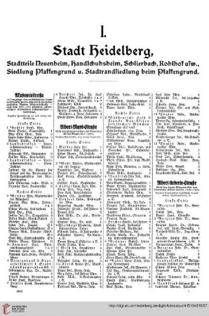 Verzeichnis der Haus=Eigentümer und Haus=Bewohner: I. Stadt Heidelberg, Stadtteile Neuenheim, Handschuhsheim, Schlierbach, Kohlhof, usw., Siedlungen Pfaffengrund u. Stadtrandsiedlung