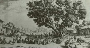 Dörfliches Fest im Freien unter einer Eiche : Callot, Jacques: Dörfliches Fest im Freien unter einer Eiche. Radierung; 16,6 x 25,5 cm. Dresden: Kupferstich-Kabinett