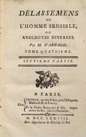 Délassemens De L'Homme Sensible Ou Anecedotes Diverses, [Premiere Année,] Tome Quatrieme = Septieme Partie