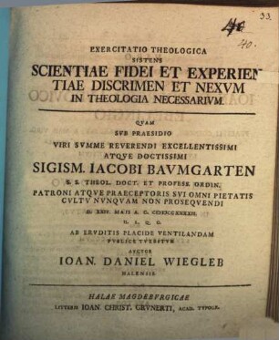 Exercitatio theol. sistens scientiae fidei et experientiae discrimen et nexum in theologia necessarium