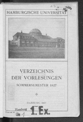 SS 1927: Verzeichnis der Vorlesungen // Hamburgische Universität