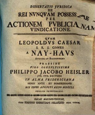 Dissertatio jvridica de rei nvnqvam possessae per actionem pvblicianam vindicatione