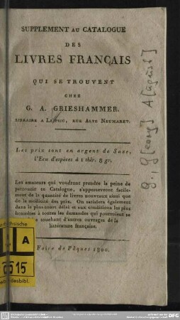 Supplement Au Catalogue Des Livres Français