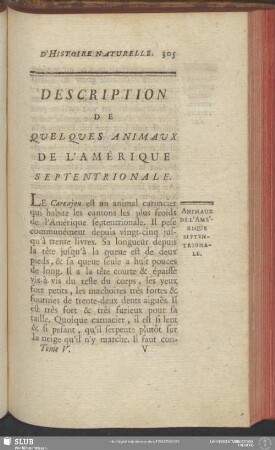 Description De Quelques Animaux De L'Amérique Septentrionale