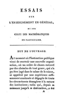 Essais sur L' Enseignement en Général, et sur Celui des Mathématiques en Particulier.