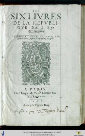 Les six livres de la république de J. Bodin Angevin