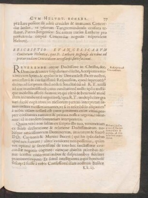 Rescriptio Evangelicarum Civitatem Helvetiae ...