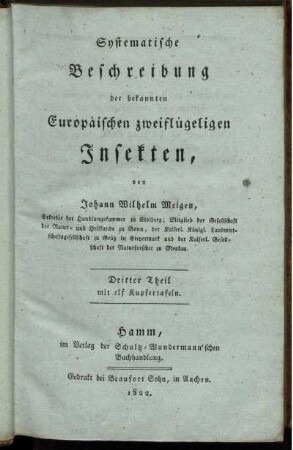 Th. 3,Text: Systematische Beschreibung der bekannten Europäischen zweiflügeligen Insekten. Dritter Theil,Text