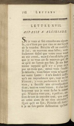 Lettre XVII. Aspasie a Alcibiade. - Lettre XVIII. Périclés a Alcibiade.