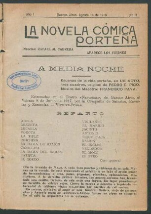 1918001100: A media noche : escenas de la vida porteña, en un acto, tres cuadros