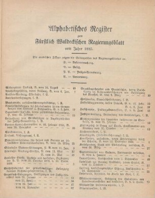 Alphabetisches Register zum Fürstlich Waldeckischen Regierungsblatt vom Jahre 1885