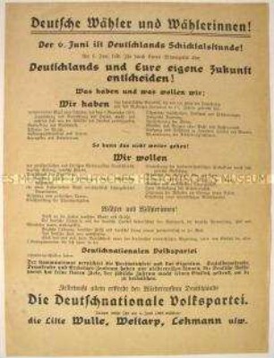 Programmatischer Wahlaufruf der Deutschnationalen Volkspartei zur Reichstagswahl 1920.