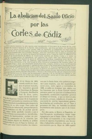 La abolición del Santo Oficio por las Cortes de Cádiz