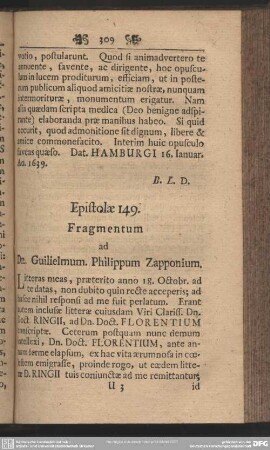 Epistolae 149. Fragmentum ad Dn. Guilielmum Philippum Zapponium