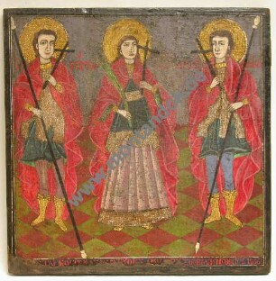 Heilige Barbara mit Kruzifix, Palmwedel und Heiligenschein