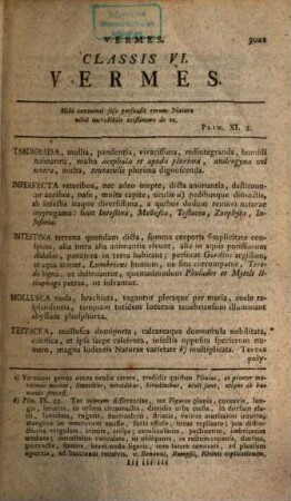 Caroli A Linné, Equitis aurati de stella polari, Archiatri Regii, Med. Et Botan. Profess. Upsal. Acad. Paris. Upsal. Holm. Petropol. Berolin. Imper. Londin. Angl. Monsp. Tolos. Florent. Edinb. Bern. Soc. Systema Naturae : Per Regna Tria Naturae, Secundum Classes, Ordines, Genera, Species, Cum Characteribus, Differentiis, Synonymis, Locis, Tom 1. Pars VI.