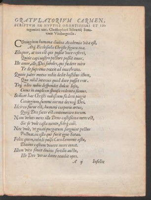 Gratulatorum Carmen, Scriptum In Nuptiis Ornatissimi ... viri, Christophori Schramii ...
