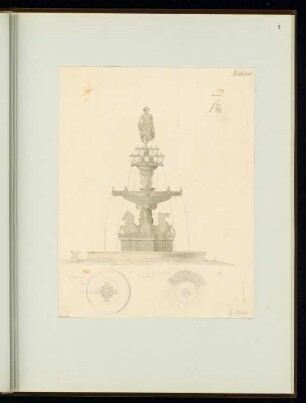 Kandelaber mit Springbrunnen Monatskonkurrenz Juni 1851: Grundriss mit und ohne Grünplanung, Aufriss, Detail Beckenrandprofil; 2 Maßstabsleisten