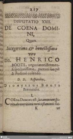Disputatio XXII. De Coena Domini