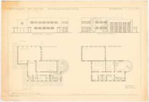 Gymnastikschule am See Monatskonkurrenz Dezember 1932: Grundriss Erdgeschoss, Obergeschoss, Aufriss Südostansicht (Garten), Nordwestansicht 1:100; Maßstabsleiste