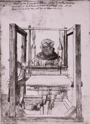 1. Originalband der Landauerschen Stiftungsbücher mit 276 gemalten Handwerkerbildern : Der Weber, Buchmalerei, 16. Jh.