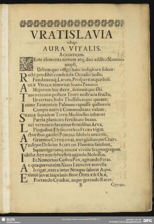 Vratislavia Anagr. Aura Vitalis. Acrostichis