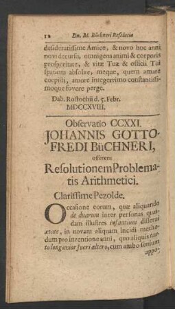 Observatio CCXXI. Johannis Gottofredi Büchneri, offerens Resolutionem Problematis Arithmetici
