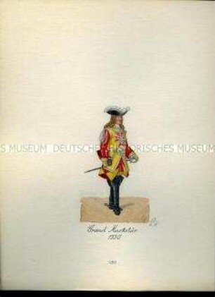 Uniformdarstellung, Grand Musketär, 1730. Aus: Sammelmappe "Sachsens Militär", Königliche Arsenalsammlung.