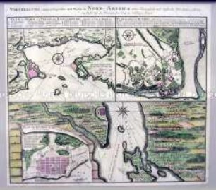 Pläne der kanadischen Städte Louisburg, Québec und Halifax unter französischer und englischer Herrschaft