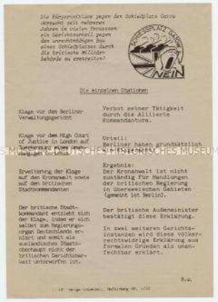 Flugblatt einer Bürgerinitiative gegen den Alliierten- Schießplatz Gatow mit einer Übersicht über die bisherigen Aktionen