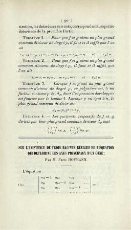 Sur l'existence de trois racines réelles de l'équation qui détermine les axes principaux d'un cone.
