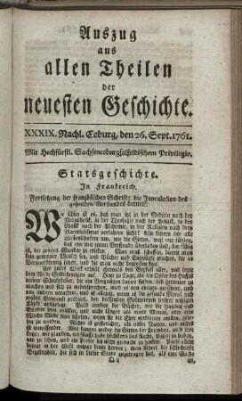 XXXIX. Nachl. Coburg, den 26. Sept. 1761.