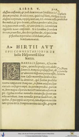 A. Hirtii Aut Opii Commentariorum De bello Hispanensi liber sextus