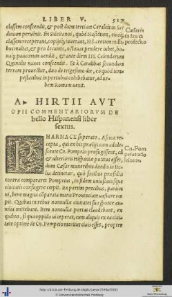 A. Hirtii Aut Opii Commentariorum De bello Hispanensi liber sextus
