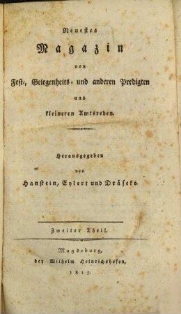 Magazin von Fest-, Gelegenheits- und anderen Predigten und kleineren Amtsreden. 2. 1817