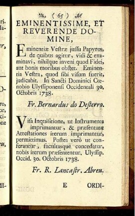 Eminentissime, Et Reverende Domine. - Regis.