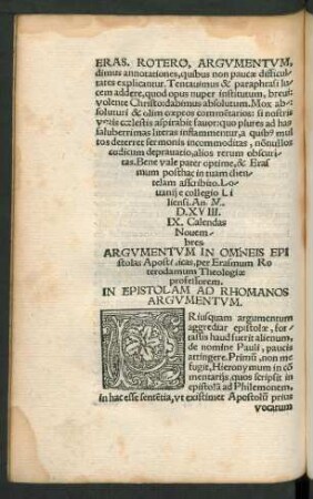 Argumenta In Omneis Epistolas Apostolicas, per Erasmum Roterodamum Theologiae professorem.
