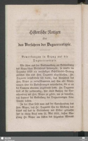 Historische Notizen über das Verfahren der Daguerreotypie