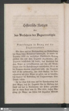 Historische Notizen über das Verfahren der Daguerreotypie
