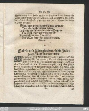 IV. Fabeln und Aberglauben, so die Jüden haben, wenn sie gestorben sind.